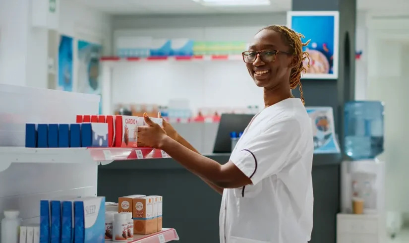 Organização e Eficiência_ Como Equilibrar Atendimento e Rotina Operacional em Farmácias-smiling-african-american-pharmacist-checking-drugs-2025-02-17-22-09-45-utc